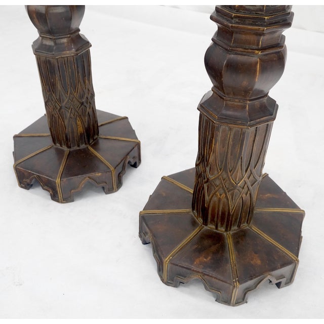 Pair of Large 49" Tall Patinated Copper Art Deco Floor Candlesticks For Sale - Image 6 of 10