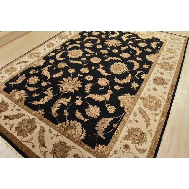 Indian Agra Rug 9’1” X 12’2” Black Woo/Silk Traditional Hand-Knotted Oriental Carpet For Sale - Image 3 of 12