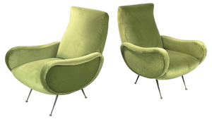 Set of Italian Lady Style Armchairs in Green Velvet and Black Metal, 1950s