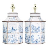 A Pair of Vintage Hand-Painted Blue and White Imitation Dutch Tile Landscape Tea Can Table Lamps For Sale