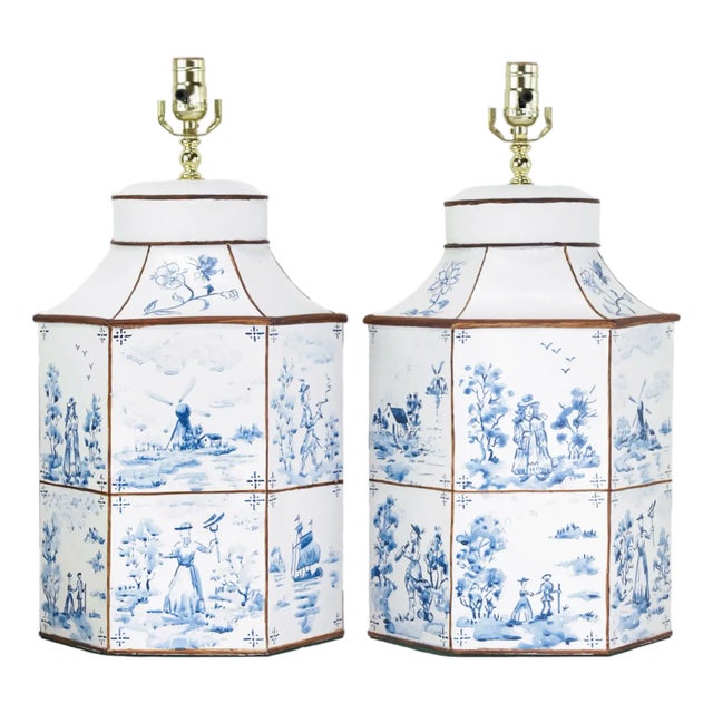 A Pair of Vintage Hand-Painted Blue and White Imitation Dutch Tile Landscape Tea Can Table Lamps For Sale