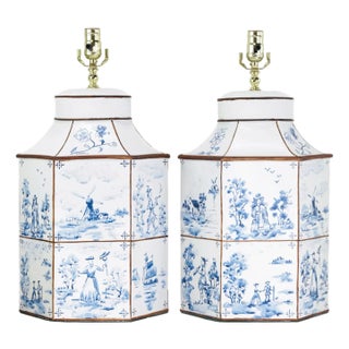 Vintage Hand-Painted Blue and White Imitation Dutch Tile Landscape Tea Can Table Lamps - a Pair For Sale