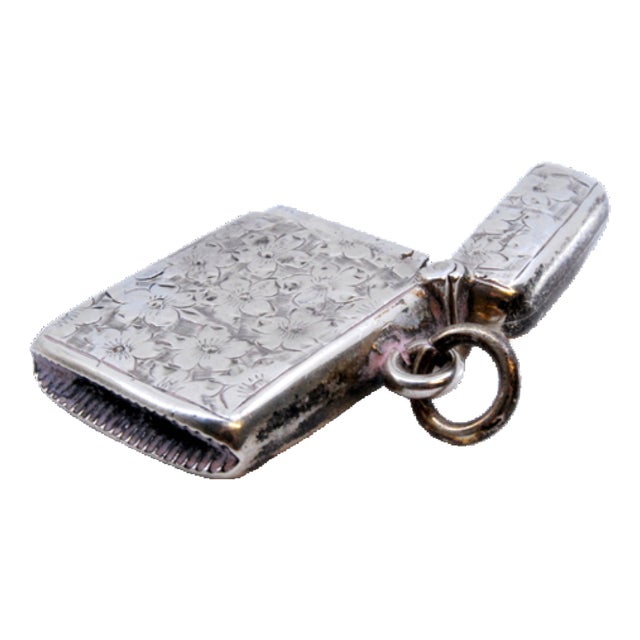 Victorian Silver Matchbox with Plant Motifs Surrounding Monogram Card and Suspension Ring For Sale