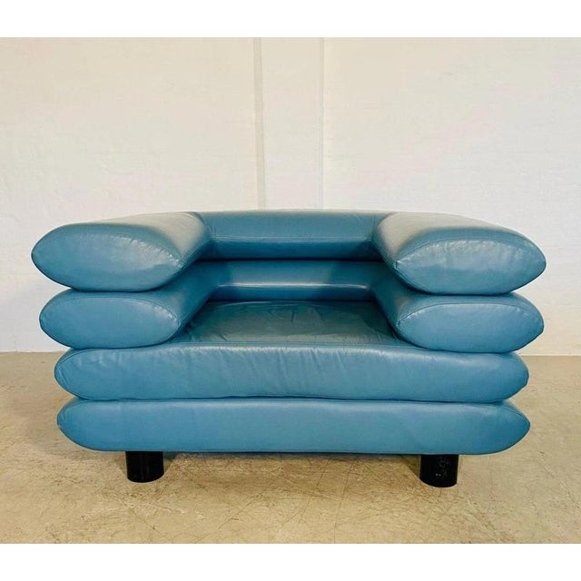 Postmodern Vintage Postmodern Swedish Turquoise Leather Stacked Lounge Chair, 1980 For Sale - Image 3 of 18