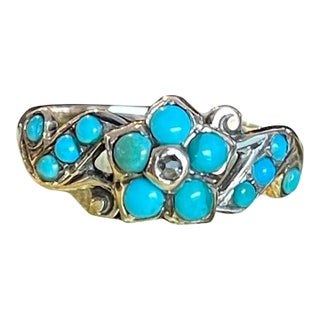 Mid 19th Century Victorian Forget Me Not Turquoise Gold Ring Size 6.75 For Sale