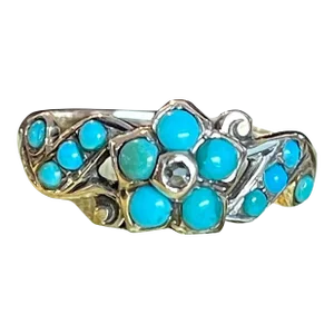 Mid 19th Century Victorian Forget Me Not Turquoise Gold Ring Size 6.75