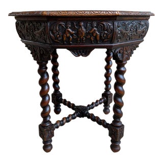 Antique French Octagon Sofa Table Carved Oak Barley Twist Louis XIII Renaissance For Sale