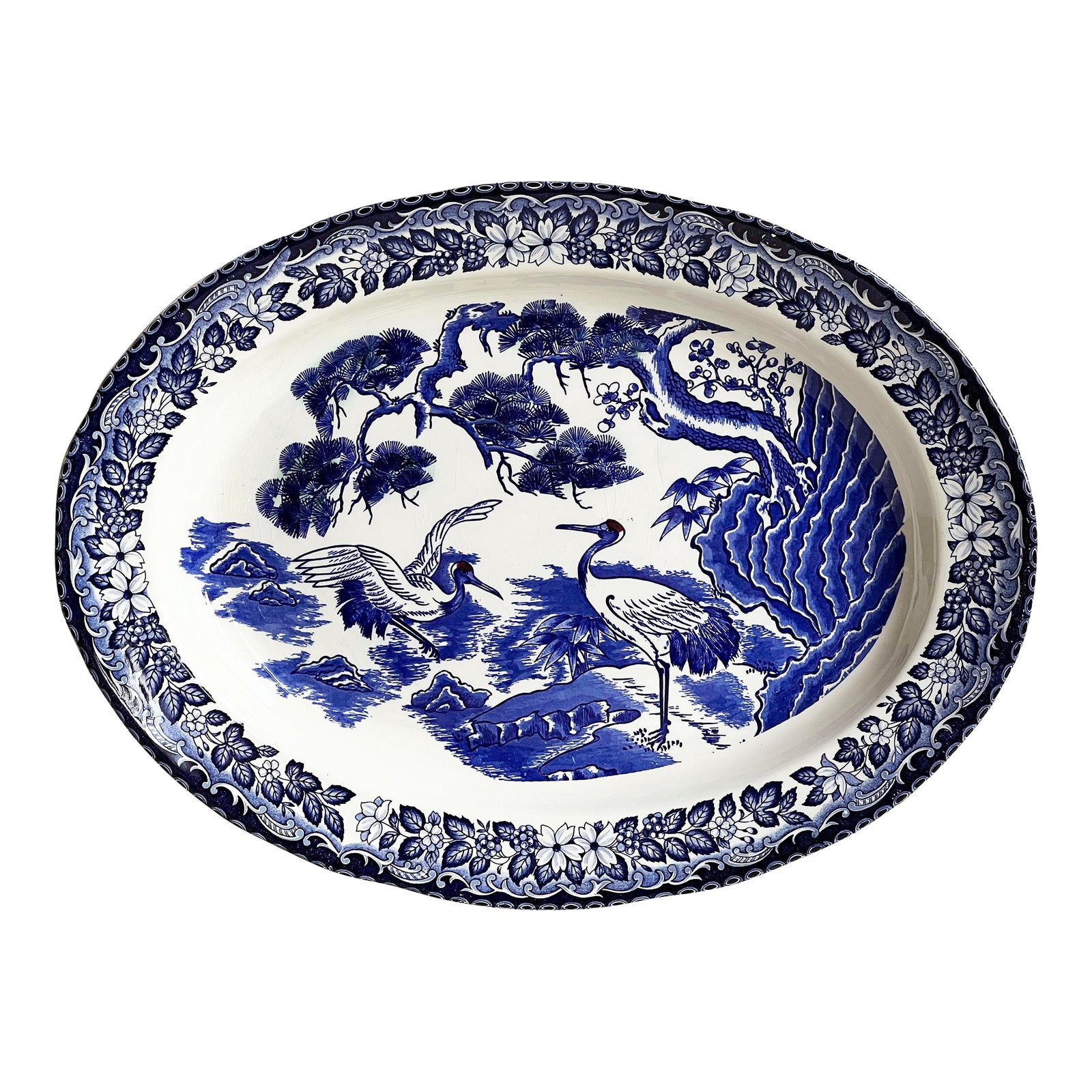 Antique Japanese Blue and White Porcelain Serving Platter With Cranes and Tree