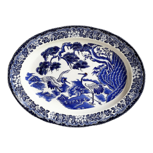 Antique Japanese Blue and White Porcelain Serving Platter With Cranes and Tree