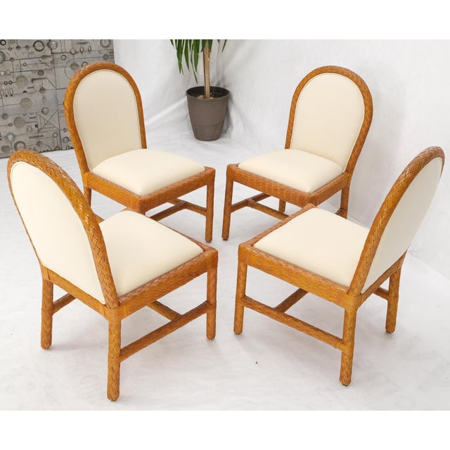 Leather Basket Weave Wicker Style Square Dining Room Table 4 Chairs Glass Top For Sale - Image 9 of 18