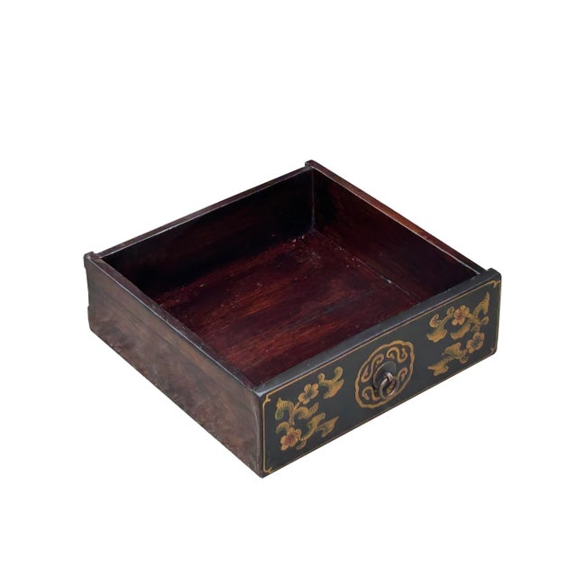 1990s Oriental Red Black Doors Golden Flowers Graphic End Table Nightstand For Sale - Image 5 of 9