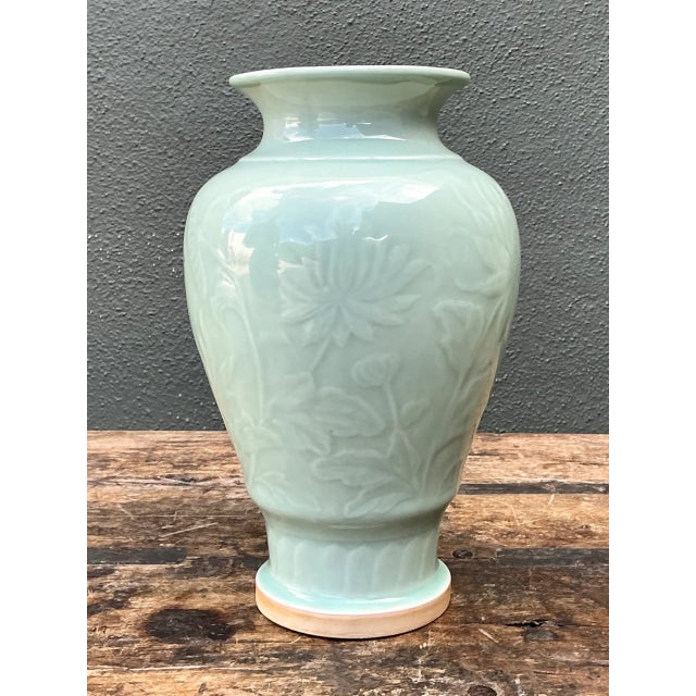 Vintage Celadon Floral Relief Ceramic Vase For Sale - Image 4 of 12
