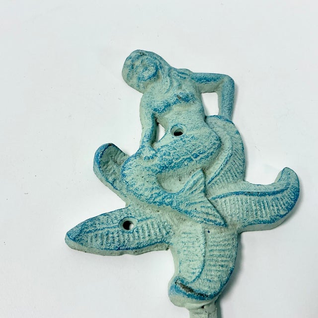 Metal 1970s Vintage Coastal Nautical Cast Iron Verdigris Mermaid Wall Hook. For Sale - Image 7 of 9