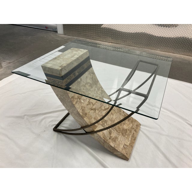 1980s Maitland-Smith Style Tessellated Stone and Iron Sculptural Base Glass Top Side End Table For Sale - Image 9 of 13
