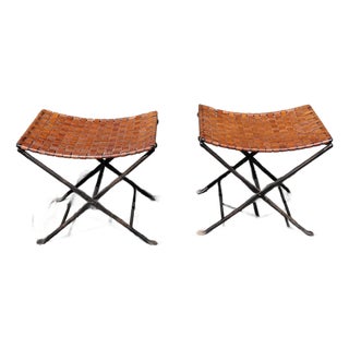 Vintage Iron and Leather Folding Stools a Pair For Sale