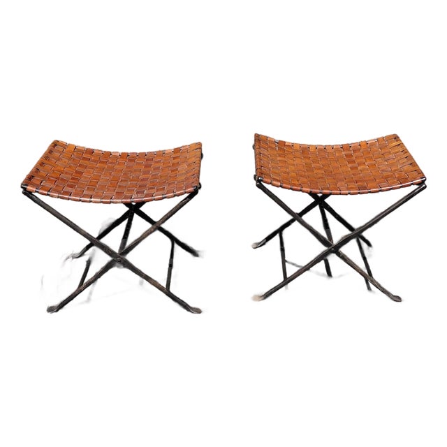 Vintage Iron and Leather Folding Stools a Pair For Sale