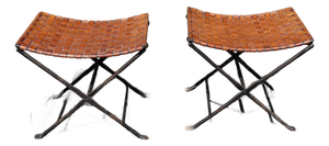 Vintage Iron and Leather Folding Stools a Pair