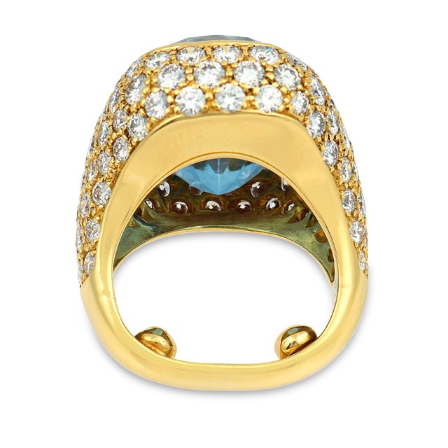 Vintage French Aquamarine Diamond 18k Yellow Gold Cocktail Ring, Size 4 For Sale In Los Angeles - Image 6 of 7