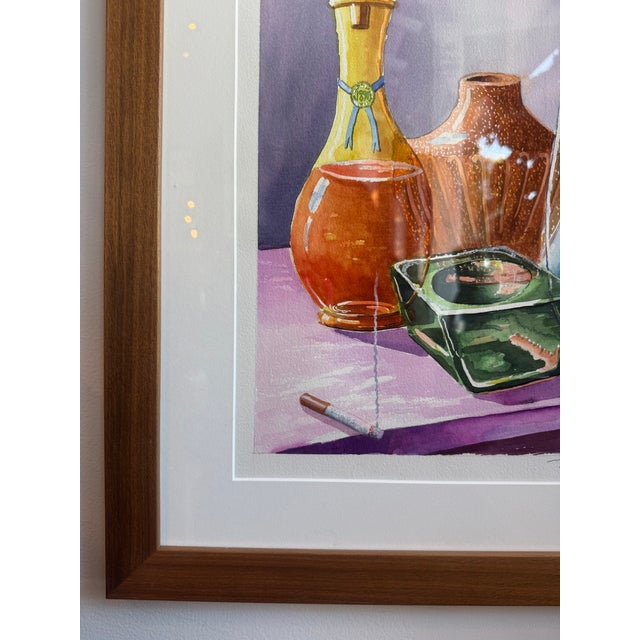 Signed Still Life Watercolor Art in Walnut Frame For Sale - Image 4 of 9
