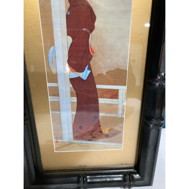 Asian Vintage Framed Japanese Geisha Art Print With Black Bamboo Style Frame For Sale - Image 3 of 6