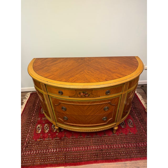 Wood Vintage Neoclassical Louis XVI-Style Demilune Chest With Floral Painted Panel For Sale - Image 7 of 9