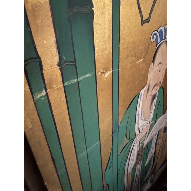 Monumental Vintage Chinese Six-Panel Gilt Folding Screen With Bamboo and Scholars For Sale - Image 9 of 12