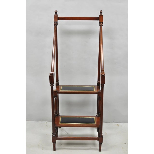 Contemporary George III Style Mahogany and Black Leather Decorative Library Steps by Wellington Hall. Item features ring-...