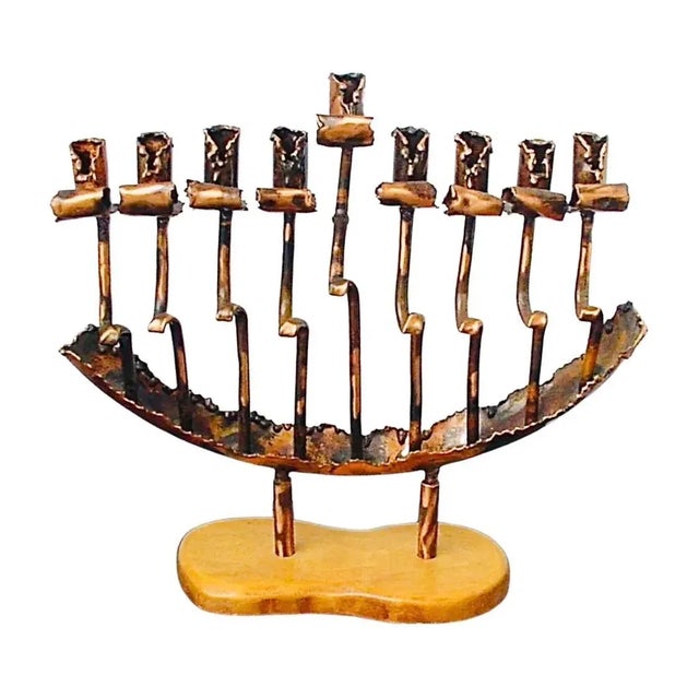 Copper X-Large, Vintage Rami Zamir Torch Cut Hand Forged Brutalist Copper Menorah and Pedestal One of a Kind Israel For Sale - Image 8 of 13