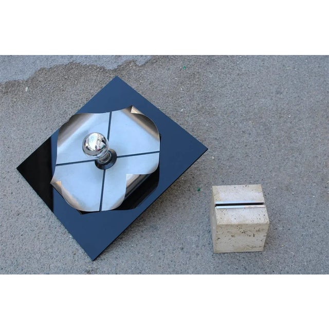 Italian Pop Art Black Acrylic Glass & Steel Curved Base Cube Table Lamp in Travertine Marble from New Lamp Italy, 1970s For Sale - Image 9 of 9