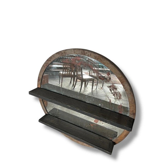 Large Industrial Circular Mirror with Shelves For Sale - Image 5 of 9