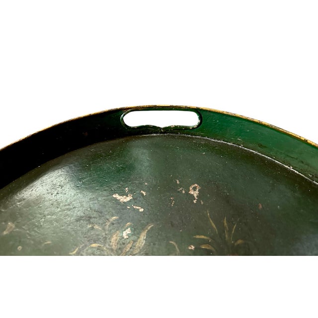 Antique Large 19th Century French Floral Tole Hand Painted Green Oval Serving Tray With Roses, Tulips & Mums For Sale - Image 4 of 7