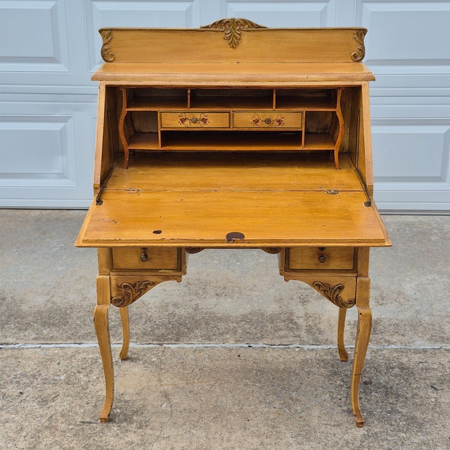 19th Century 19th Century Antique Yellow Painted Victorian Ladies Slant Front Oak Secretary Desk For Sale - Image 5 of 14