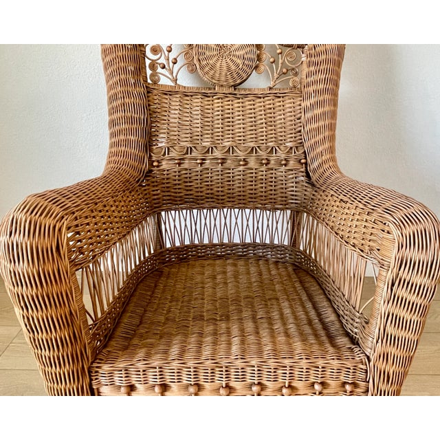 Victorian Mid 20th Century Vintage Cottage Chic Wicker Rattan Medallion Wingback Adult Rocking Chair For Sale - Image 3 of 12