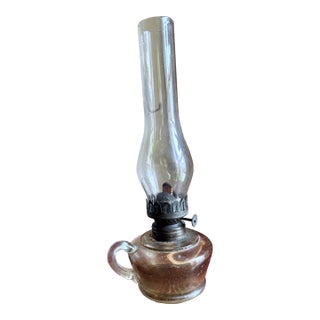 Antique, 19th Century Glass Finger Lamp Chamber Lamp Brass Hornet Burner Clear Glass For Sale