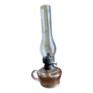 Antique, 19th Century Glass Finger Lamp Chamber Lamp Brass Hornet Burner Clear Glass