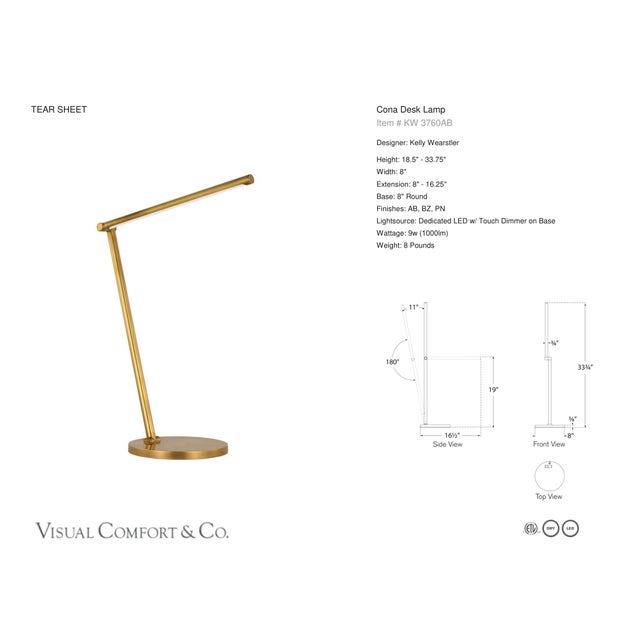 Kelly Wearstler by Visual Comfort Signature Cona Desk Lamp in Antique-Burnished Brass Designer: Kelly Wearstler Height:...