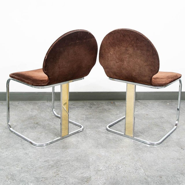 Brown Mid Century Modern Dining Chairs Set 6 Chrome Brass Suede Italy Attributed to Willy Rizzo 70s For Sale - Image 8 of 11