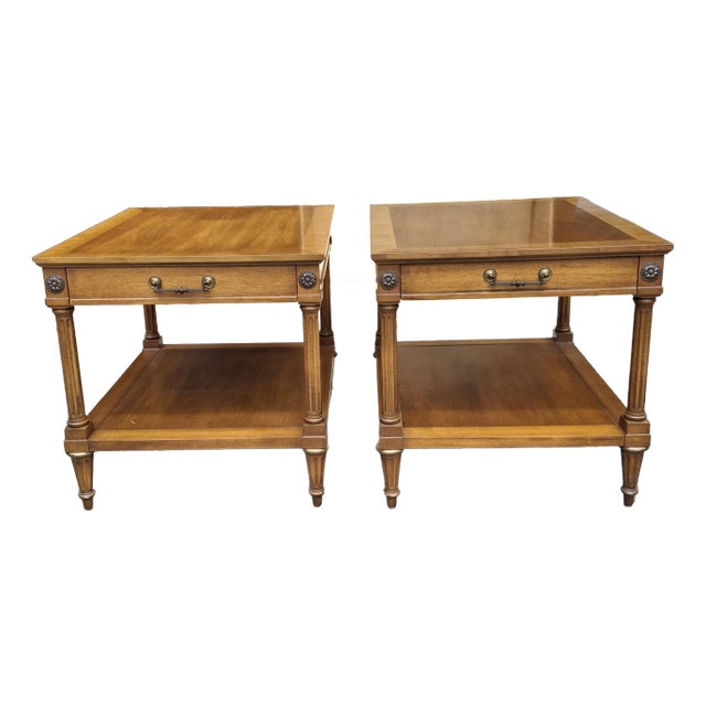 Pair Weiman Rockwood Collection Neo-Classical Crossbanded Walnut Tiered Side Tables For Sale