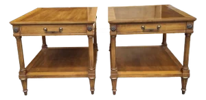 Pair Weiman Rockwood Collection Neo-Classical Crossbanded Walnut Tiered Side Tables