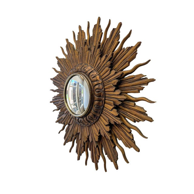 Brown Convex Carved Polychrome Painted Wooden Sunburst Mirror with Double Layer Rays, 1930s For Sale - Image 8 of 16