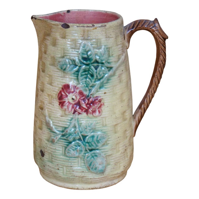 Antique Majolica Basketweave Dogwood Flower Creamer Pitcher Jug For Sale