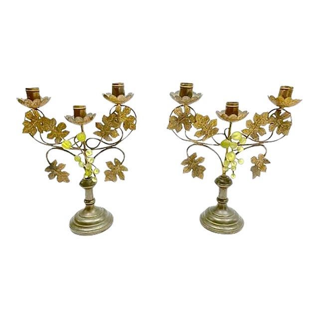 Pair Vintage Tole & Bakelite Grape Candle Holders For Sale