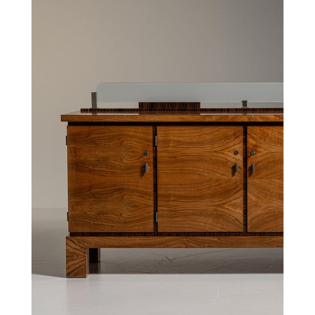 Brown 1930-1939 Germany Rich Walnut Brown Glass-Top Walnut Sideboard For Sale - Image 8 of 11
