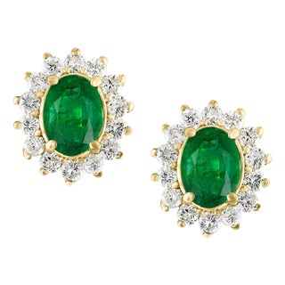 4 Ct Oval Shape Emerald & 1.5 Ct Diamond Post Back Earrings 14 Karat Yellow Gold For Sale