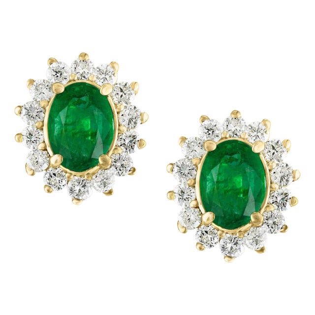 4 Ct Oval Shape Emerald & 1.5 Ct Diamond Post Back Earrings 14 Karat Yellow Gold For Sale