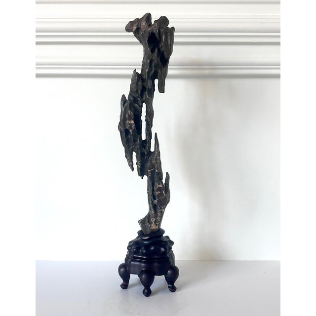 A visually arresting tall vertical scholar stone of Lingbi type balanced on a fitted wood base. The rock formation...