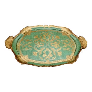 Vintage Florentine Gilt Tray — Green & Gold Scalloped Scroll Design, Made in Italy For Sale