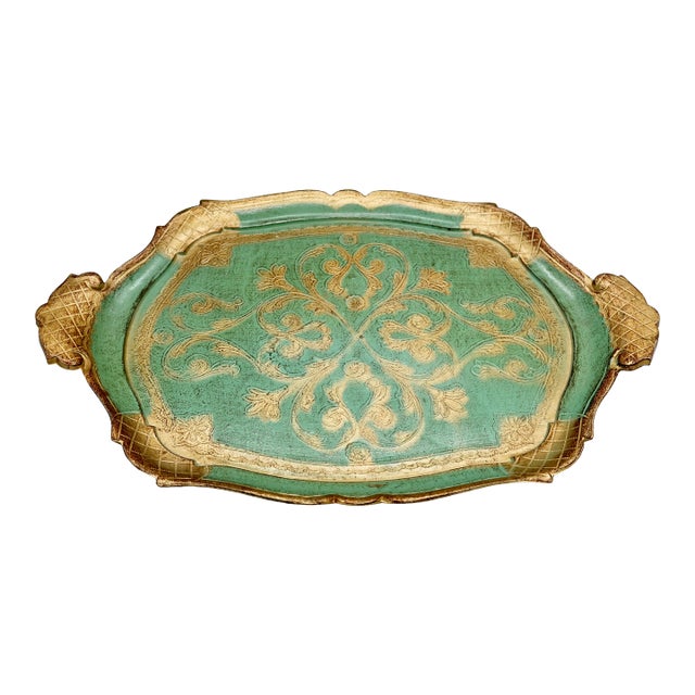Vintage Florentine Gilt Tray — Green & Gold Scalloped Scroll Design, Made in Italy For Sale
