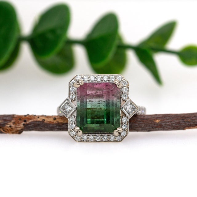 Contemporary 5.37Ct Watermelon Tourmaline Ring With Natural Diamonds in Solid 14k Gold, Size 6.75 For Sale - Image 3 of 7