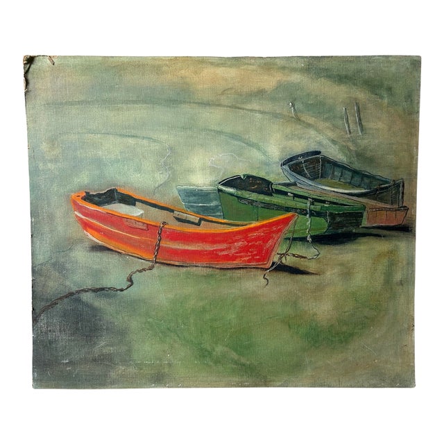 Wooden Boats at the Lake, Oil on Canvas Board, Mid-Century Original For Sale
